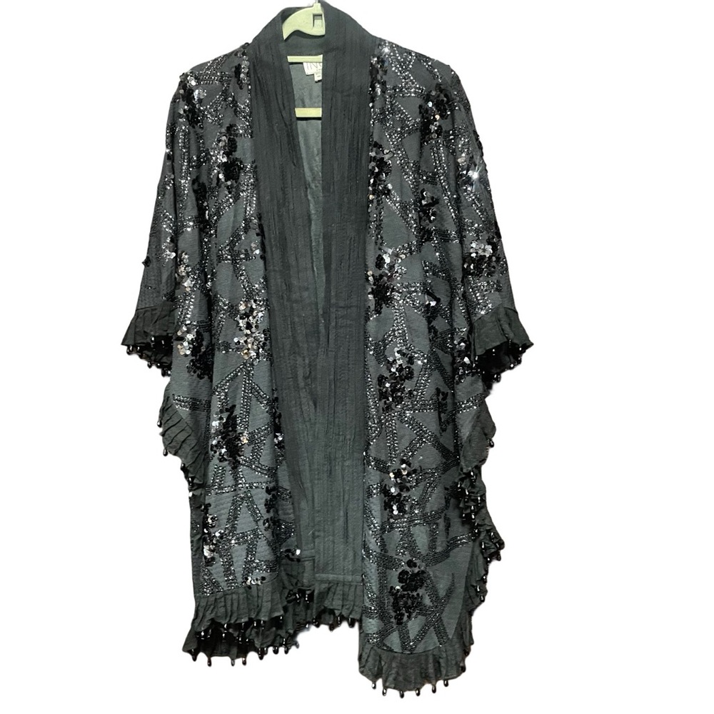 Inej Black Beaded Sequined‎ Ahora Kimono Size XS Oversized Bohemian Evening
